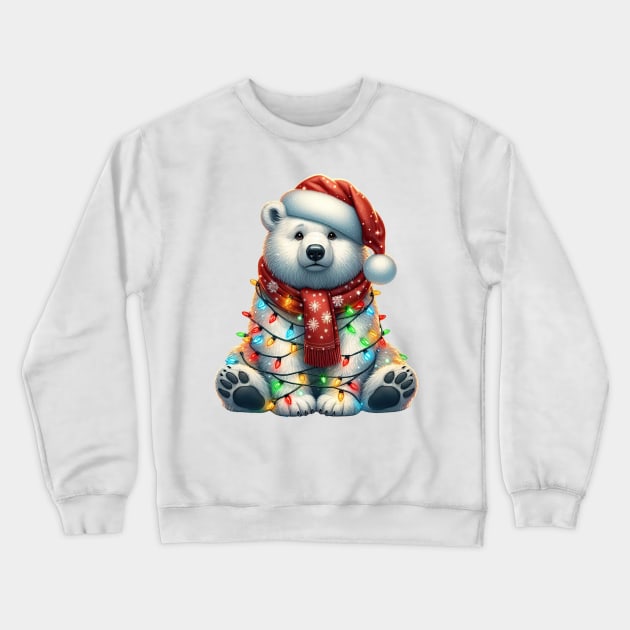 Polar Bear Wrapped In Christmas Lights Crewneck Sweatshirt by Chromatic Fusion Studio